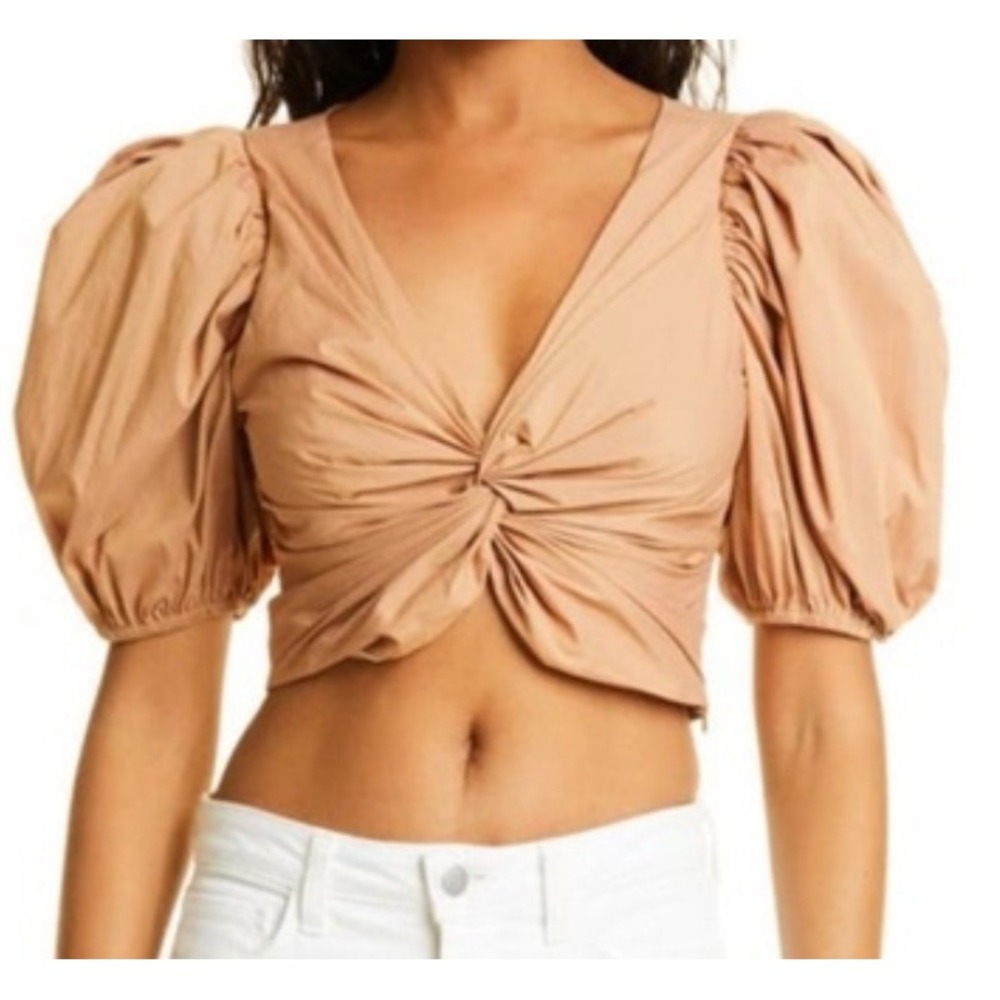 Cinq a Sept Khloe Twist Front Puff Sleeve Crop Top Tan Size M Designer Chic Boho
